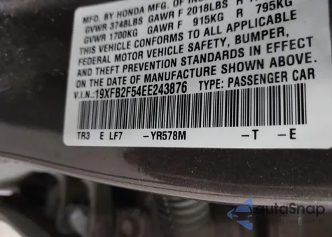 2014 Honda Civic Lx из США, поврежденный, VIN 19XFB2F54EE243876